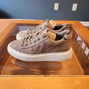 Vince Women Rhea Suede Platform Leather Sneaker Grey Woodsmoke Snakeskin Heel 7